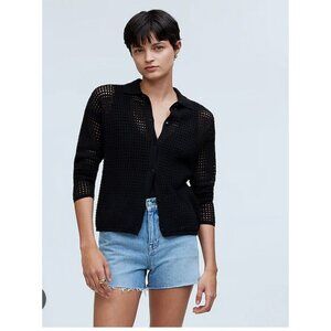 Madewell $98 Open Stitch Polo Cardigan Sweater Size L Black NO987